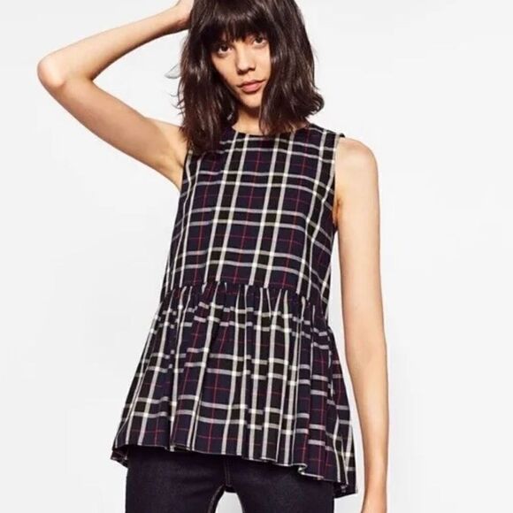 Zara Trafaluc Collection Sleeveless Plaid Checked Peplum Tunic Top Navy Women XS - Picture 1 of 7